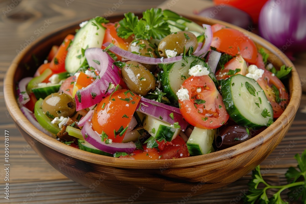 A colorful Greek salad with tomatoes, cucumbers, red onions, Kalamata olives, feta cheese, and a sprinkling of oregano.