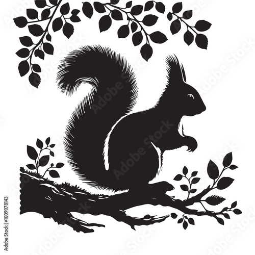 squirrel on a tree branch black silhouette on white background vector art