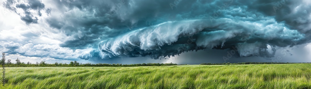 Panoramic view of a dramatic thunderstorm over a green field, with dark storm clouds creating a stunning contrast against the landscape. Panoramic view of a dramatic thunderstorm over a green field, with dark storm clouds creating a stunning contrast against the landscape.