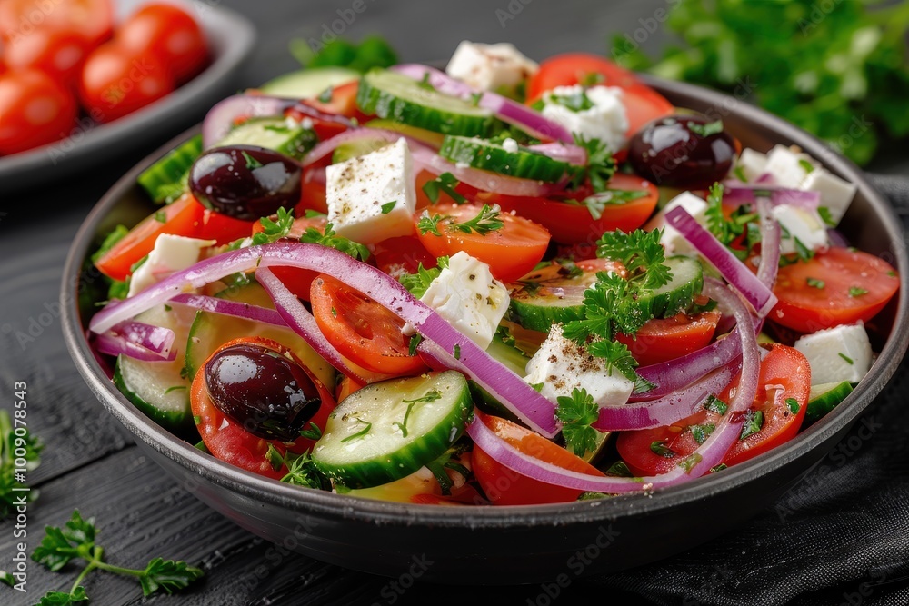 A colorful Greek salad with tomatoes, cucumbers, red onions, Kalamata olives, feta cheese, and a sprinkling of oregano. A colorful Greek salad with tomatoes, cucumbers, red onions, Kalamata olives, feta cheese, and a sprinkling of oregano.