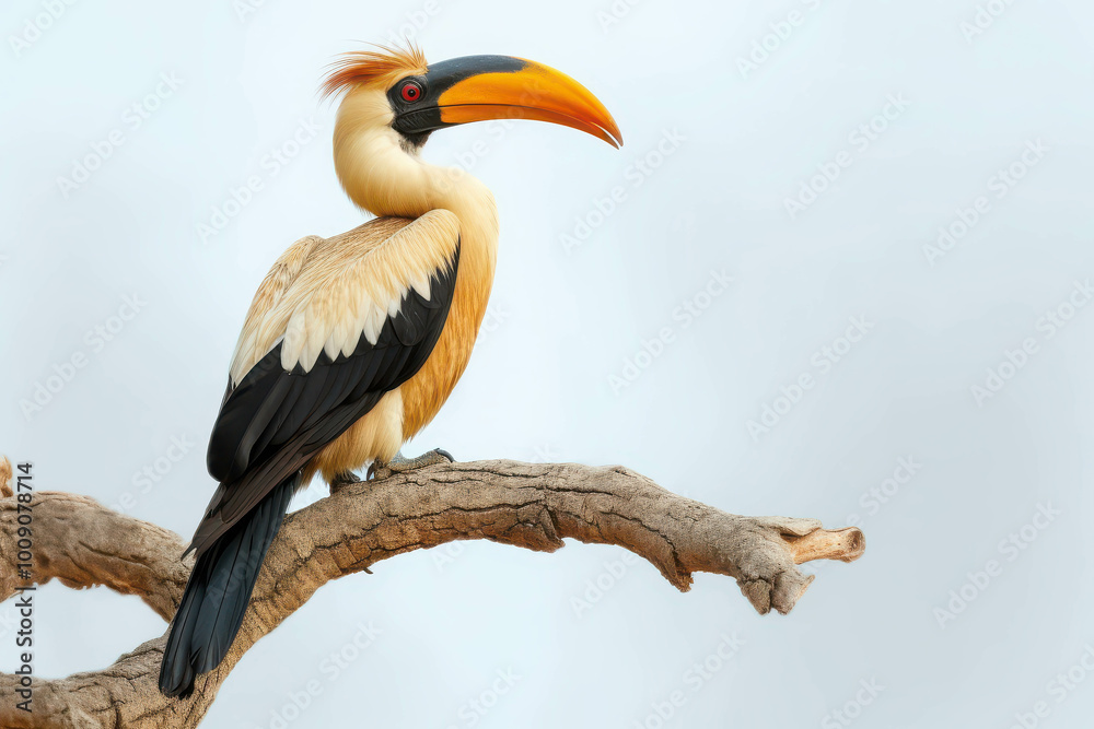 Hornbill Perched on Branch Against White Background Hornbill Perched on Branch Against White Background