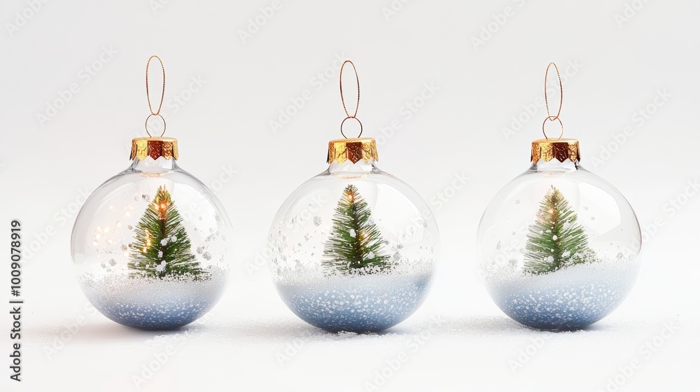Merry Christmas and Happy New Year. Glass Christmas ornament ball with miniature snow and trees inside, Xmas lights background