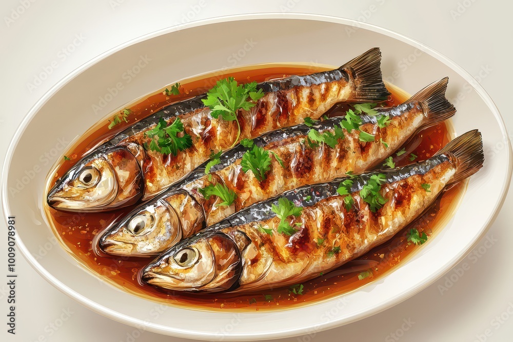 Illustration of grilled fish served on a white plate, garnished with herbs and surrounded by savory sauce. Illustration of grilled fish served on a white plate, garnished with herbs and surrounded by savory sauce.
