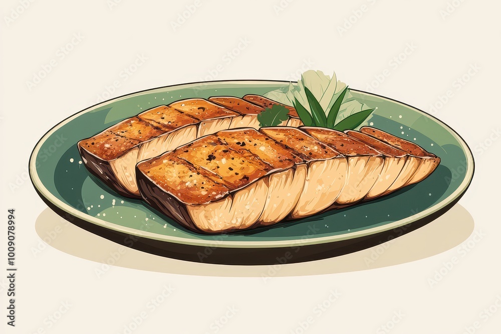 Illustration of grilled salmon fillets served on a vibrant green plate, garnished with herbs for an appealing culinary presentation. Illustration of grilled salmon fillets served on a vibrant green plate, garnished with herbs for an appealing culinary presentation.