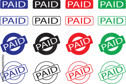 Paid stamp vectors texture design flat and line icons Set for many purposes. Rubber cliche imprint. Stencil business illustration, payment money fee, bank invoice office fee on transparent background.
