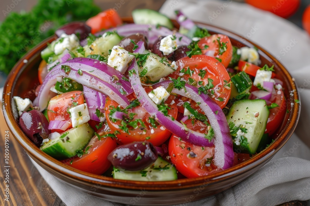 A colorful Greek salad with tomatoes, cucumbers, red onions, Kalamata olives, feta cheese, and a sprinkling of oregano. A colorful Greek salad with tomatoes, cucumbers, red onions, Kalamata olives, feta cheese, and a sprinkling of oregano.