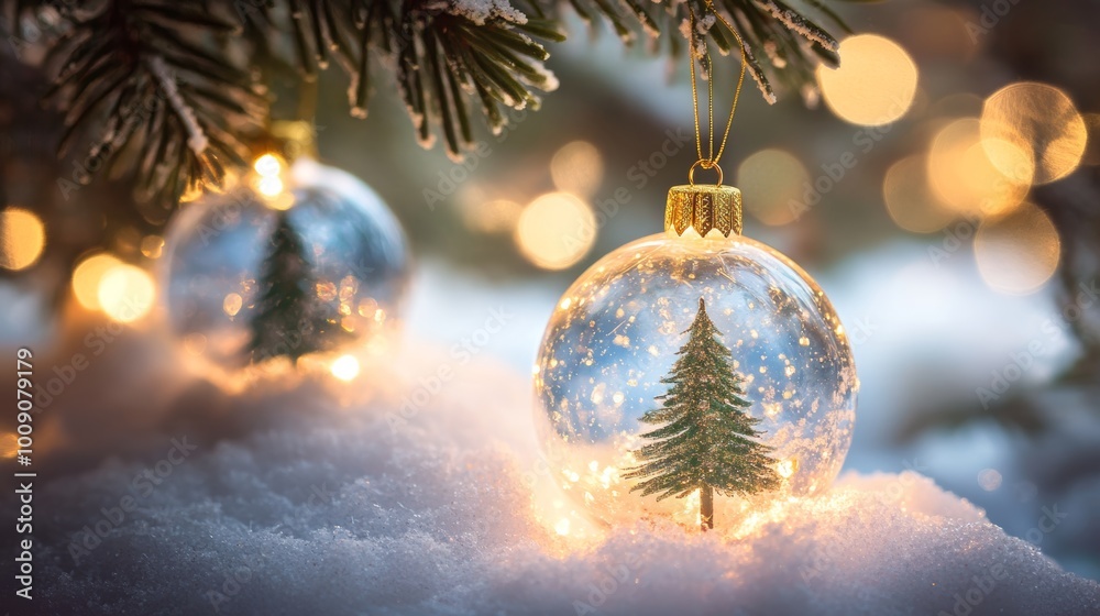 Merry Christmas and Happy New Year. Glass Christmas ornament ball with miniature snow and trees inside, Xmas lights background