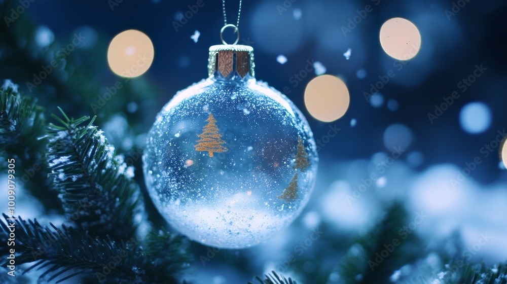 Merry Christmas and Happy New Year. Glass Christmas ornament ball with miniature snow and trees inside, Xmas lights background Merry Christmas and Happy New Year. Glass Christmas ornament ball with miniature snow and trees inside, Xmas lights background