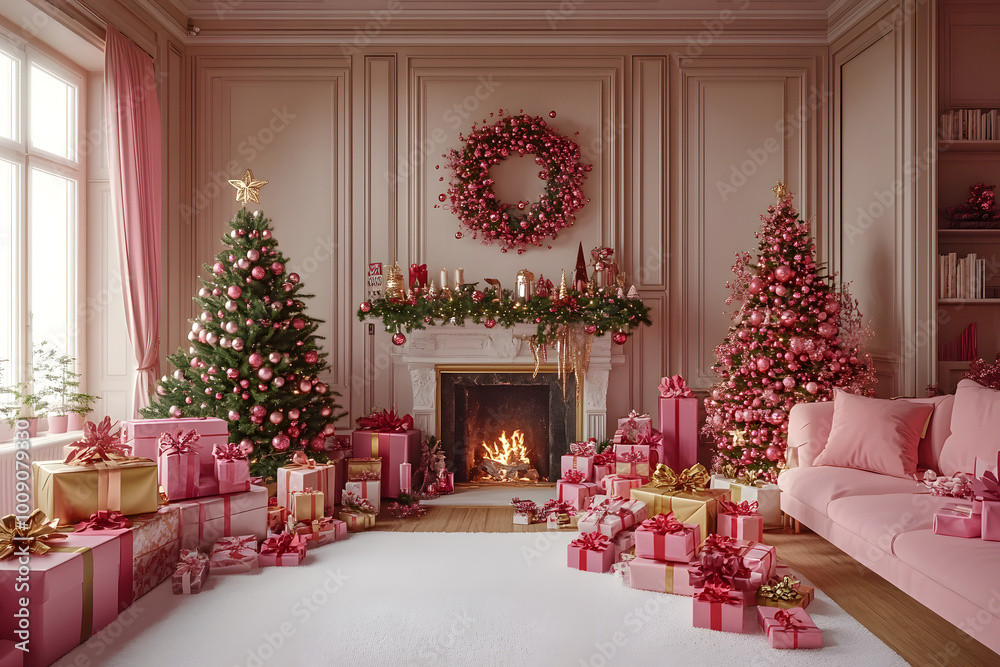 A festive living room adorned with pink and gold Christmas decor and gifts for the holidays A festive living room adorned with pink and gold Christmas decor and gifts for the holidays