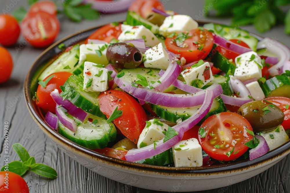 A colorful Greek salad with tomatoes, cucumbers, red onions, Kalamata olives, feta cheese, and a sprinkling of oregano. A colorful Greek salad with tomatoes, cucumbers, red onions, Kalamata olives, feta cheese, and a sprinkling of oregano.