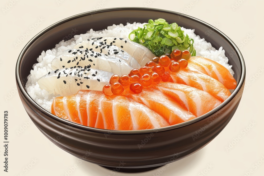 Illustration of sushi bowl featuring fresh salmon, rice, and garnishes, showcasing a vibrant and appetizing presentation. Illustration of sushi bowl featuring fresh salmon, rice, and garnishes, showcasing a vibrant and appetizing presentation.