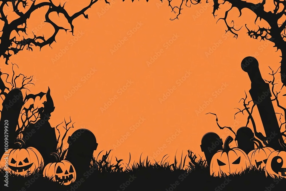 A Halloween background with spooky silhouettes of trees and tombstones
A Halloween background with spooky silhouettes of trees and tombstones