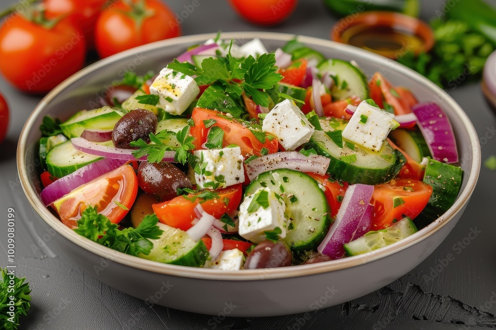 A colorful Greek salad with tomatoes, cucumbers, red onions, Kalamata olives, feta cheese, and a sprinkling of oregano. A colorful Greek salad with tomatoes, cucumbers, red onions, Kalamata olives, feta cheese, and a sprinkling of oregano.