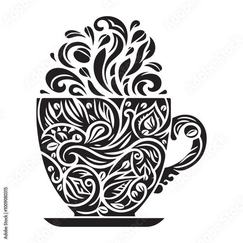 Abstract Tea cup silhouette with cutout work icon. Flat style tea, coffee cup icon vector illustration design