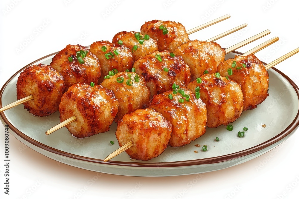 Illustration of Deliciously grilled meat skewers served on a plate, garnished with fresh herbs. Perfect for food photography and culinary use. Illustration of Deliciously grilled meat skewers served on a plate, garnished with fresh herbs. Perfect for food photography and culinary use.