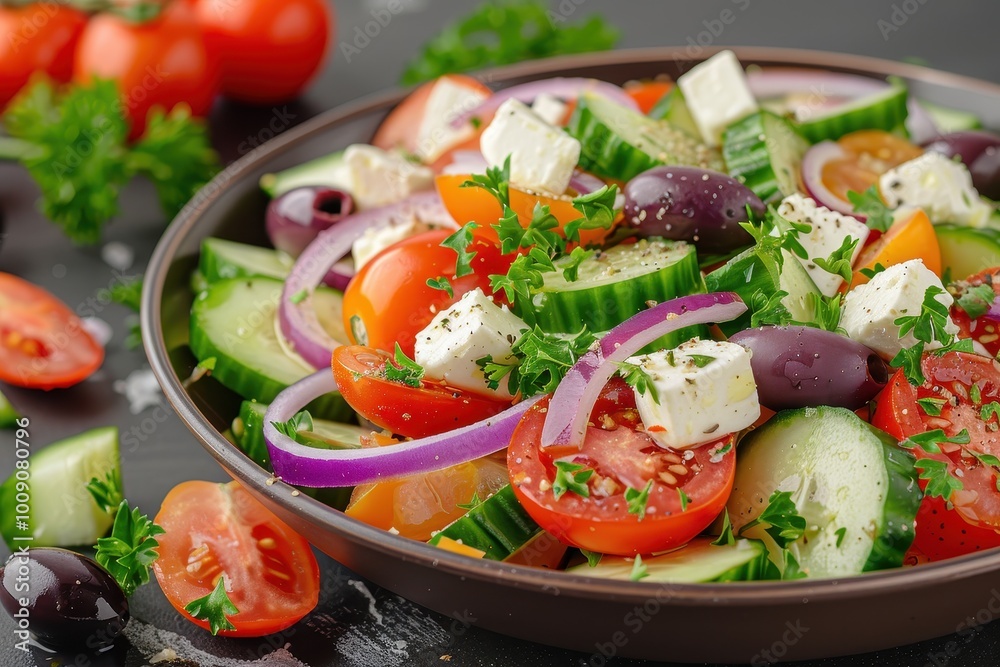 A colorful Greek salad with tomatoes, cucumbers, red onions, Kalamata olives, feta cheese, and a sprinkling of oregano. A colorful Greek salad with tomatoes, cucumbers, red onions, Kalamata olives, feta cheese, and a sprinkling of oregano.