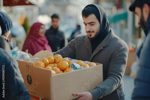 Volunteer with box of food for poor . Ramazan kolisi . Donation concept - generative ai photo