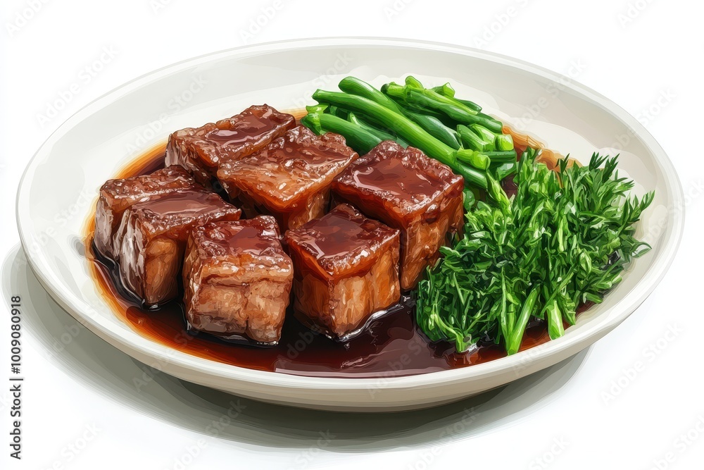 Illustration of Deliciously tender meat served with fresh green vegetables on a white plate, perfect for culinary showcases or food blogs. Illustration of Deliciously tender meat served with fresh green vegetables on a white plate, perfect for culinary showcases or food blogs.
