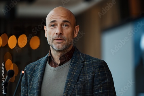 Bald man addressing business conference attendees in modern venue while sharing insights and experiences with the audience