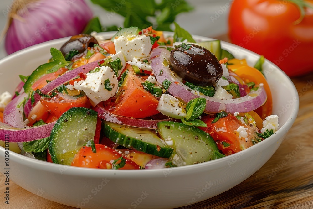 A colorful Greek salad with tomatoes, cucumbers, red onions, Kalamata olives, feta cheese, and a sprinkling of oregano. A colorful Greek salad with tomatoes, cucumbers, red onions, Kalamata olives, feta cheese, and a sprinkling of oregano.