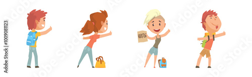 People Character Hitchhiking Standing with Backpack Catch Car Vector Set