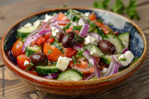 A colorful Greek salad with tomatoes, cucumbers, red onions, Kalamata olives, feta cheese, and a sprinkling of oregano.