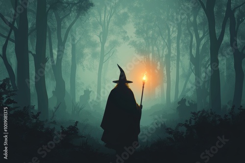 Mysterious Wizard Walking with Glowing Staff in Forest