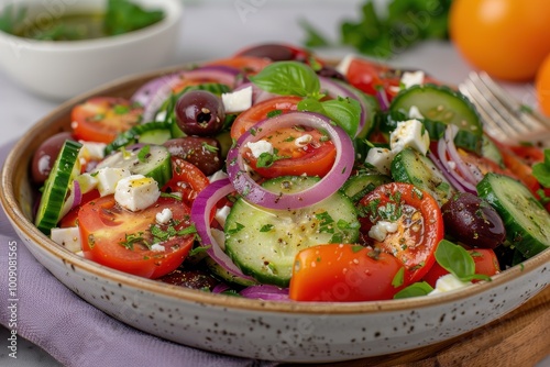 A colorful Greek salad with tomatoes, cucumbers, red onions, Kalamata olives, feta cheese, and a sprinkling of oregano.