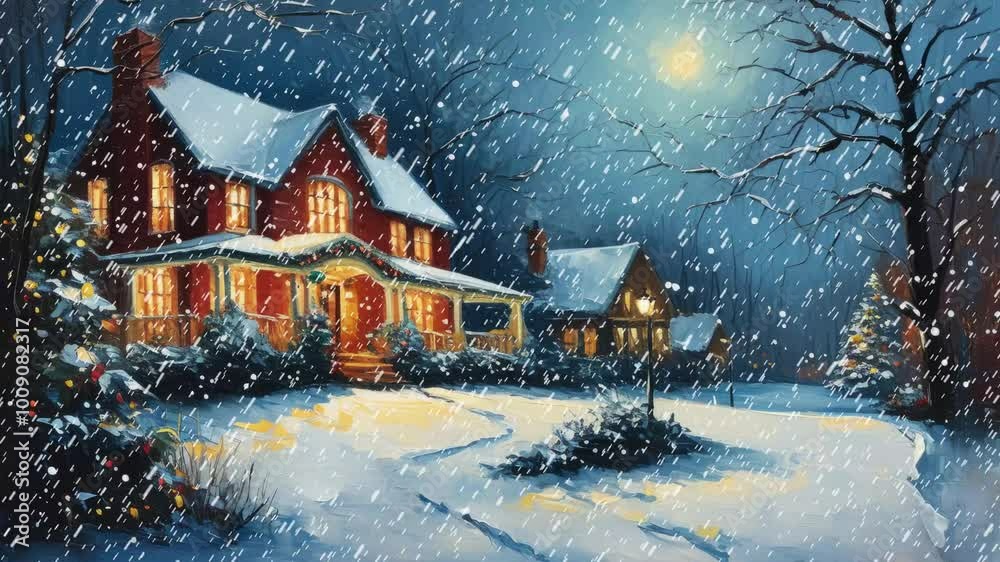 Festive Winter Village in Snow. Christmas Lights in Snowy Village Festive Winter Village in Snow. Christmas Lights in Snowy Village