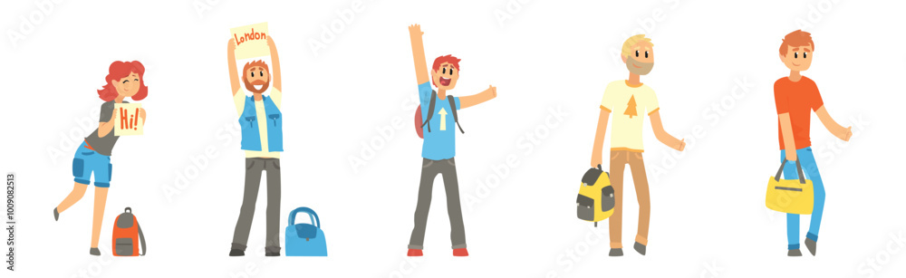 People Character Hitchhiking Standing with Backpack Catch Car Vector Set People Character Hitchhiking Standing with Backpack Catch Car Vector Set