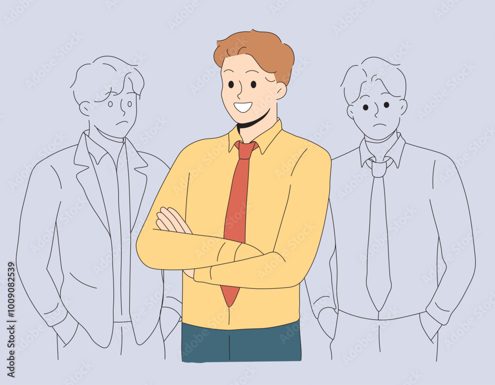 Successful Businessman Stands Victorious Amidst Competitors. Confident CEO Stands Proud Amidst Competitors. Victory in Business Successful Businessman Stands Victorious Amidst Competitors. Confident CEO Stands Proud Amidst Competitors. Victory in Business