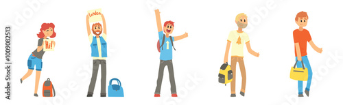 People Character Hitchhiking Standing with Backpack Catch Car Vector Set