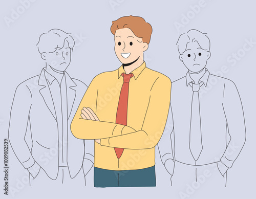 Successful Businessman Stands Victorious Amidst Competitors. Confident CEO Stands Proud Amidst Competitors. Victory in Business