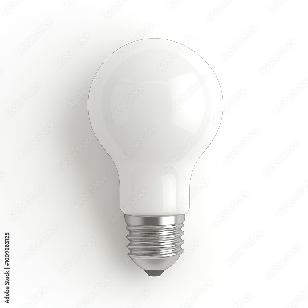 A standard light bulb with a smooth, white surface and a metallic base for electrical connection. A standard light bulb with a smooth, white surface and a metallic base for electrical connection.