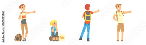 People Character Hitchhiking Standing with Backpack Catch Car Vector Set