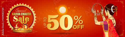 Happy Karwa Chauth, Karva Chauth sale offer 50% off banner design with golden red vibrant background.