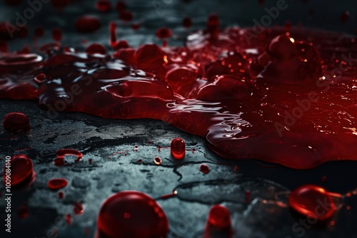 Dark surface with red, viscous liquid. Blood-like substance with metallic, oxidized texture. Crimson color, gory, grisly, sinister appearance. Ooze, splatter, stain, droplet, streak, smear on surface. photo