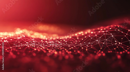Ultra Realistic Abstract Connected Dots and Lines on Dark Red Background Representing Communication and Technology Network 