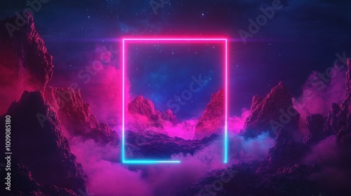Neon Frame Enclosing a Starry Night Sky over Rocky Mountains