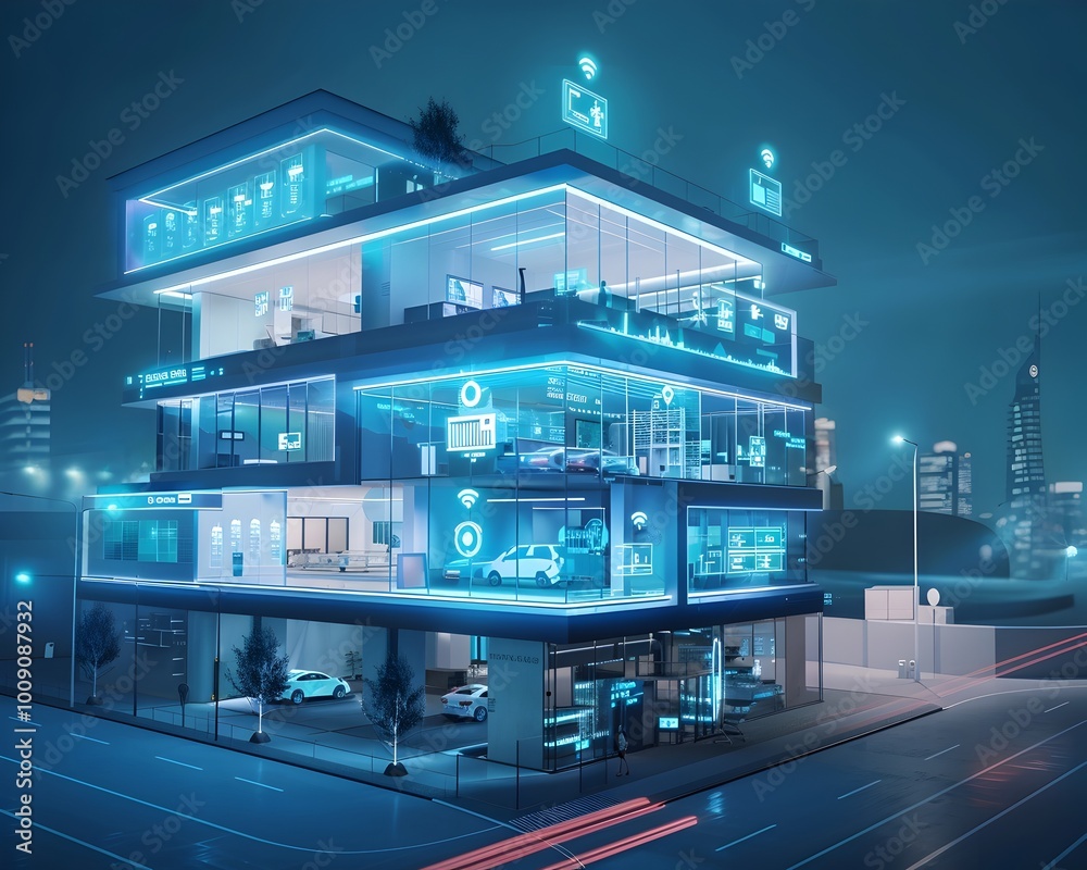 Fototapeta premium Futuristic Smart Grid Powered High Tech Office Building in Glowing City Skyline at Night