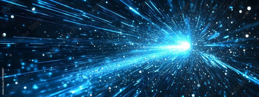 Fototapeta premium Blue light rays background with glowing speed lines and a starry sky, an AI technology digital concept background for futuristic science or space travel
