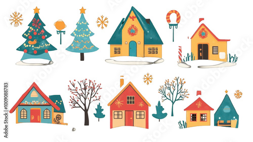 Flat Village Scene Icon with Small Cottages for Christmas, Whimsical Holiday Landscape Design, PNG File, Transparent Background