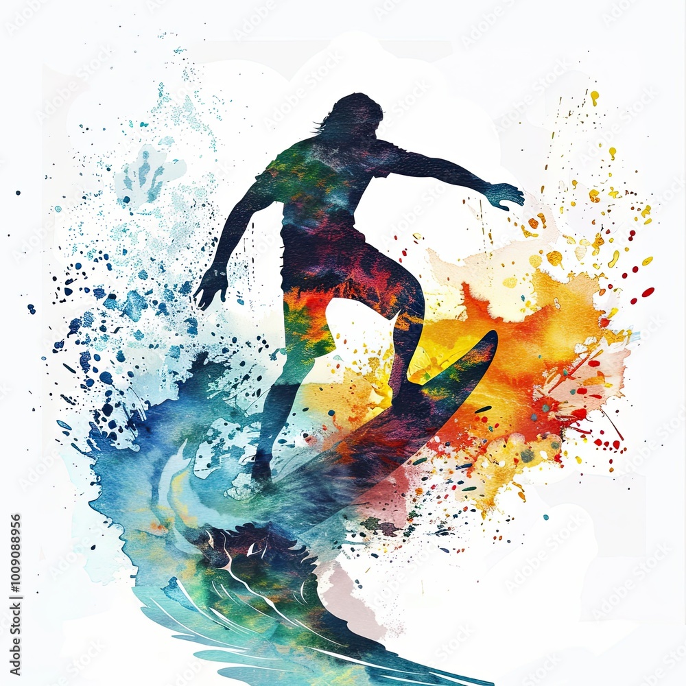 artwork depicts a surfer in action, surrounded by bold, colorful splashes that emphasize motion and intensity against a white backdrop. artwork depicts a surfer in action, surrounded by bold, colorful splashes that emphasize motion and intensity against a white backdrop.