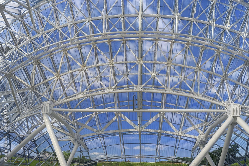 A large, domed roof structure made of intersecting metal beams and trusses A large, domed roof structure made of intersecting metal beams and trusses