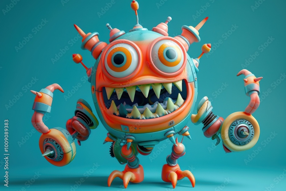 Quirky 3D monster character with a hybrid design of organic and mechanical elements, featuring bold colors, multiple eyes or limbs, and a mischievous grin. Quirky 3D monster character with a hybrid design of organic and mechanical elements, featuring bold colors, multiple eyes or limbs, and a mischievous grin.