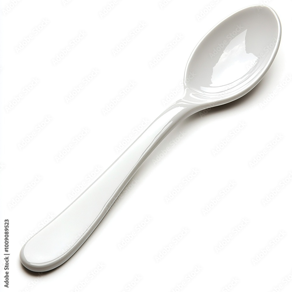 A simple white ceramic spoon, designed for serving or eating food. A simple white ceramic spoon, designed for serving or eating food.