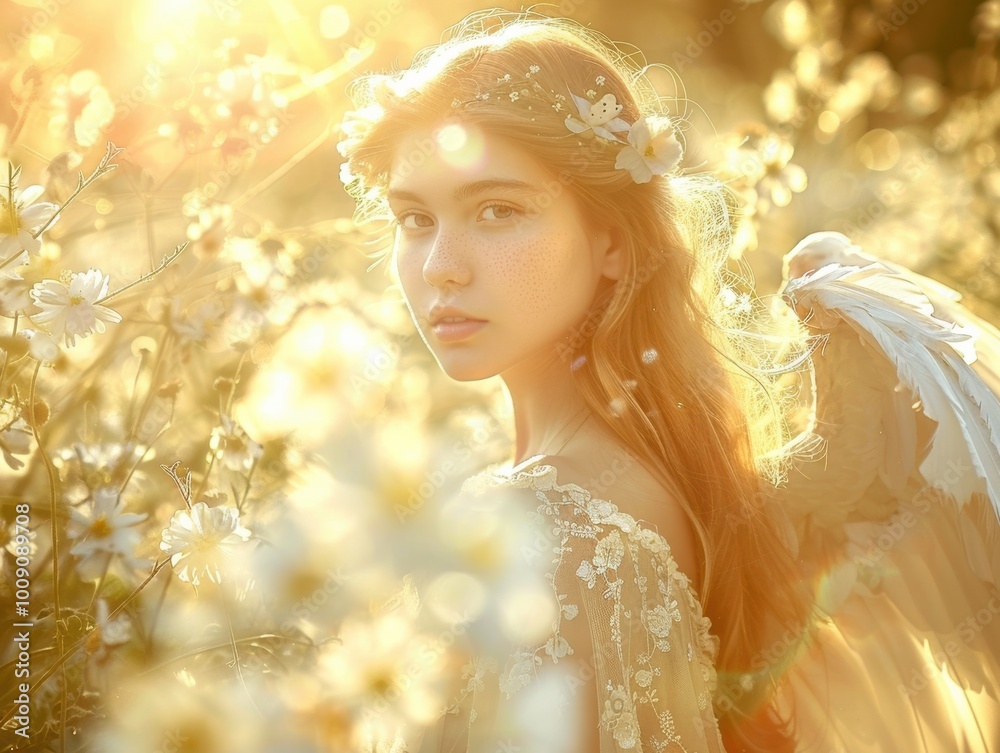 A beautiful young woman with ethereal white wings, standing amidst a garden bathed in golden sunlight. Her serene expression and the soft light create an angelic and peaceful atmosphere. A beautiful young woman with ethereal white wings, standing amidst a garden bathed in golden sunlight. Her serene expression and the soft light create an angelic and peaceful atmosphere.