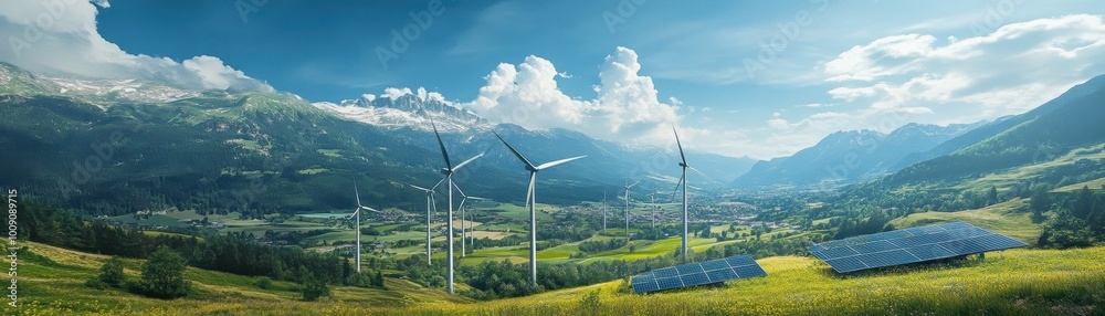Renewable Energy Landscape: Wind Turbines and Solar Panels in the Mountains