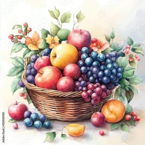 A vibrant basket filled with assorted fruits, showcasing apples, grapes, and flowers, perfect for a fresh produce concept.