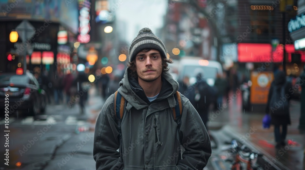 Casual Man in Urban Setting with City Background